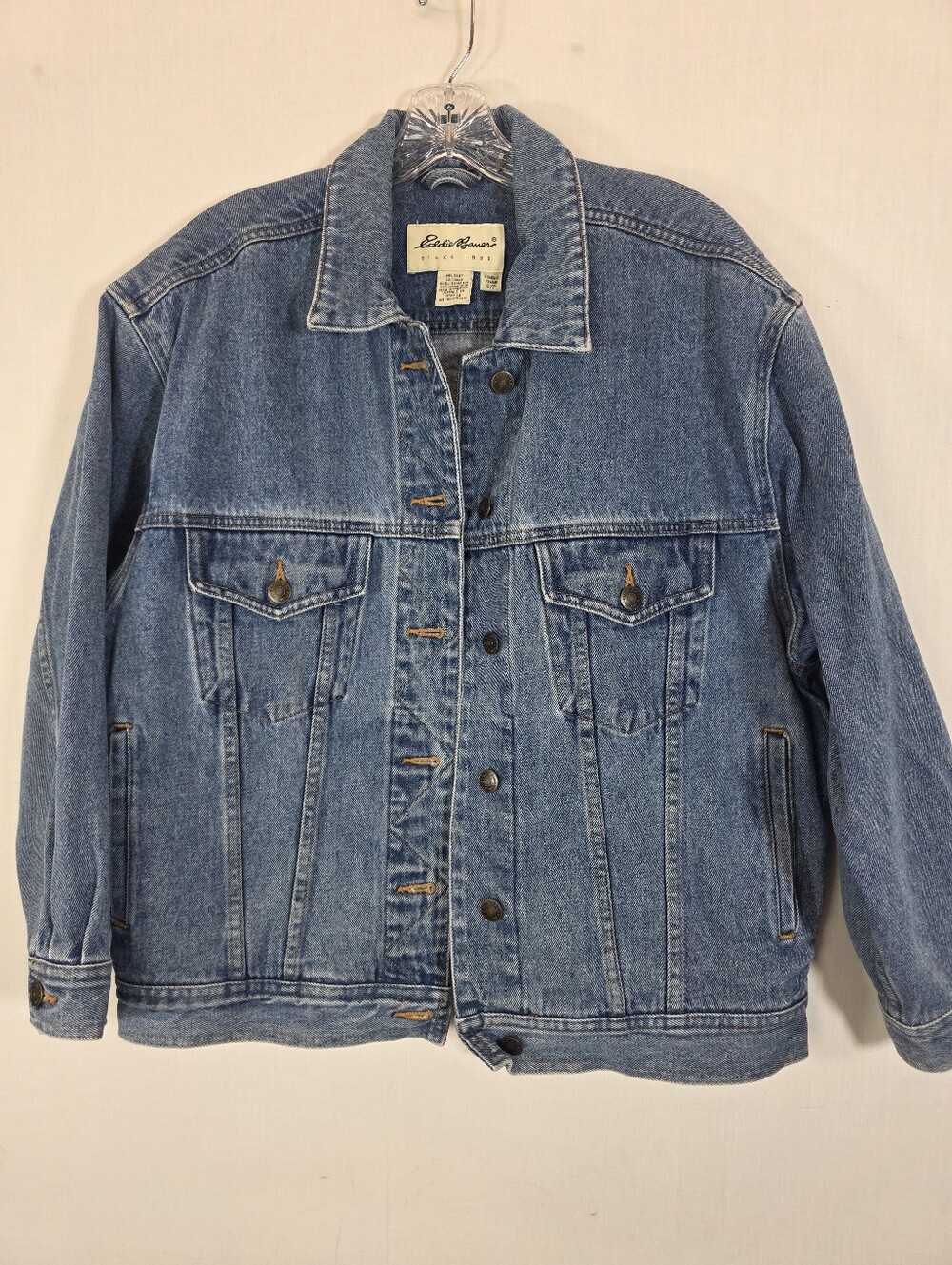 Vintage Eddie Bauer Denim Trucker Jacket Womens S Blue Jean Chore Coat 100% Cott